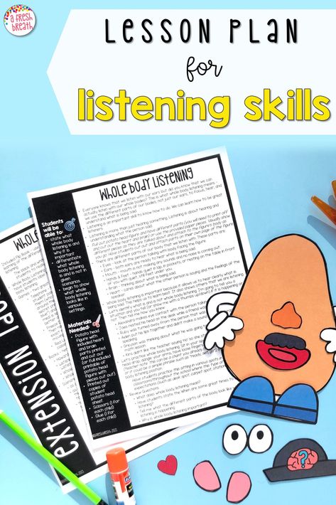 Grab this lesson plan on listening skills for a done for you direct teaching resource with lesson plan and listening activities. And if you aren’t sure if listening skills for kids is important or are looking for some examples, click now. Plus, there are listening activities for kids that will help you teach and improve this social skill. Ideal for kindergarten, first grade, or second grade or small group in special education or school guidance working on social skills. Listening Lesson Plans, Teaching Listening Skills Preschool, Listening Crafts For Kids, Active Listening Activities, Listening Skills Activities, Listening Activities For Kids, Social Skills Games, Emotional Activities, Good Listening Skills