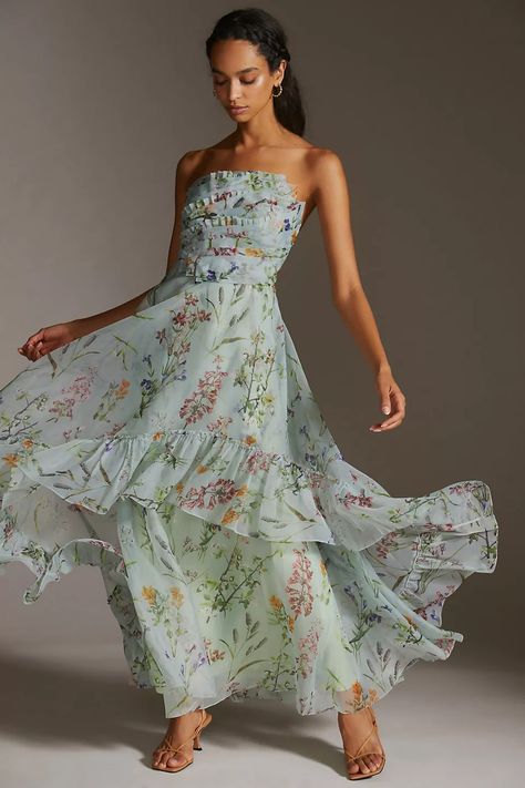 Geisha Designs Asymmetrical Maxi Dress | Anthropologie Floral Formal Dress Long, Sea Green Gown, Floral Formal Dress, Green Formal Dress, Asymmetrical Maxi Dress, Green Gown, Embellished Gown, Strapless Maxi, Strapless Maxi Dress