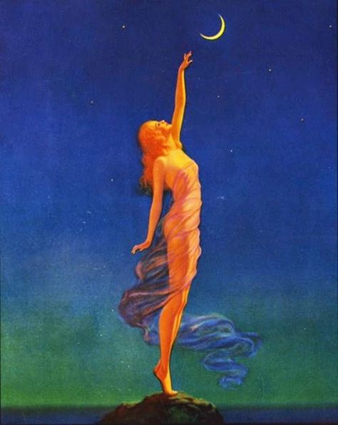 Impressioni Artistiche : ~ Maxfield Parrish ~ American artist, 1870-1966 Reaching For The Moon, Illustration Kunst, Vintage Moon, Soyut Sanat Tabloları, Arte Inspo, Art And Illustration, Ethereal Art, Moon Art, Spiritual Art