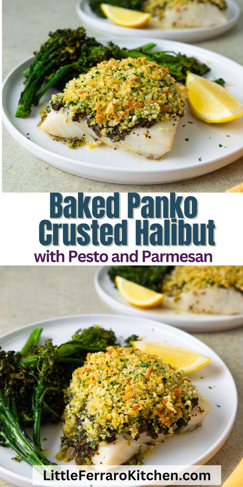 You only need a few simple ingredients and 20 minutes to make this delicious panko crusted halibut, with a crunchy exterior and a perfectly flaky interior. It combines the lightness of fresh halibut, with the aromatics of pesto, lemon, and parsley, and the crispy texture of panko breadcrumbs. Fish Pesto Recipes, Italian Halibut Recipes, Halibut With Pesto, Pesto Halibut Recipes, Panko Halibut Recipes, Panko Halibut, Panko Crusted Halibut, Mediterranean Seafood, Crusted Halibut