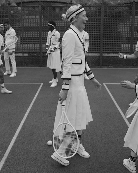 Thom Browne Designs Tennis Whites for Wimbledon 2017 Country Club Attire, Wrestling Costumes, Thome Browne, Photography Sport, Journal Article, Woman In Suit, Tennis Whites, Tulle Skirts, Vintage Tennis