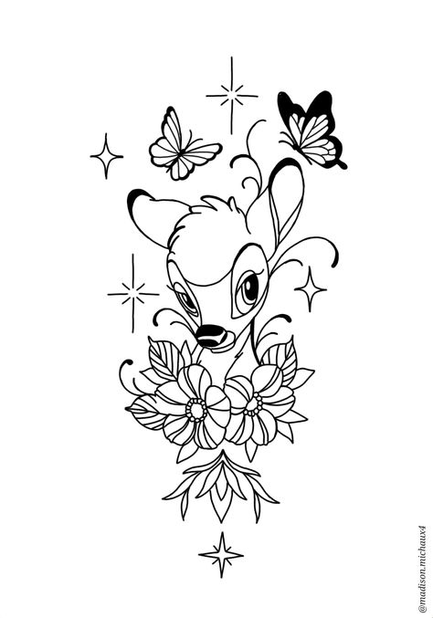 Bambi Drawing Sketches, Disney Outline Tattoo, Disney Tattoo Stencils, Bambi Sketch, Disney Characters Outline, Arm Band Tattoos, Bambi Tattoo, Mickey And Minnie Tattoos, Tattoos Disney