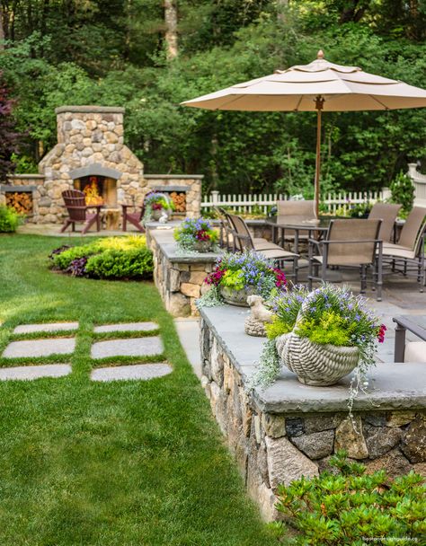 The MacDowell Company Outdoor Fireplace Patio, Backyard Fireplace, Farmhouse Garden, Backyard Inspiration, Stone Walls, Backyard Patio Designs, Garden Cottage, Landscape Projects, Diy Vintage