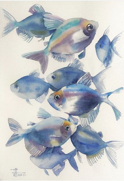 Blue Colour Aesthetic, Watercolour Fish, Watercolor Tattoo Ideas, Colour Aesthetic, Sea Creatures Art, Sea Life Art, Watercolor Fish, Diy Watercolor Painting, Fish Drawings