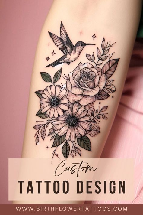 Vibrant Rose, Daisy, and Hummingbird Flower Tattoo - Neo-Traditional Birth Flower Design Rose And Aster Tattoo, Rose Daisy Tattoo, Daisy Birth Flower Tattoo, Camelia Flower Tattoo, Honeysuckle And Rose Tattoo, Daisy And Rose Tattoo, Hummingbird Flower Tattoo, April Birth Flower Tattoo, Hummingbird Flower Tattoos