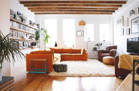 A Crown Heights Family Makes It Work, in Style Orange Couch, Popular Living Room, Orange Sofa, Rooms Design, Sala Grande, A Rug, Wooden Beams, Bedroom Layouts, A Living Room