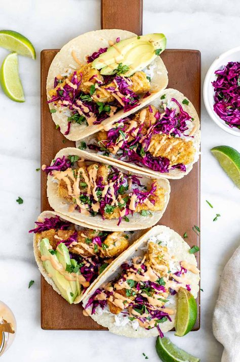 Baked Spicy Cod Fish Tacos (Gluten Free) | Eat With Clarity Baked Cod Fish Tacos, Fish Tacos Gluten Free, Tacos Gluten Free, Baked Fish Tacos, Cod Fish Tacos, Fish Tacos With Cabbage, Spicy Dressing, Spicy Fish Tacos, Lime Slaw