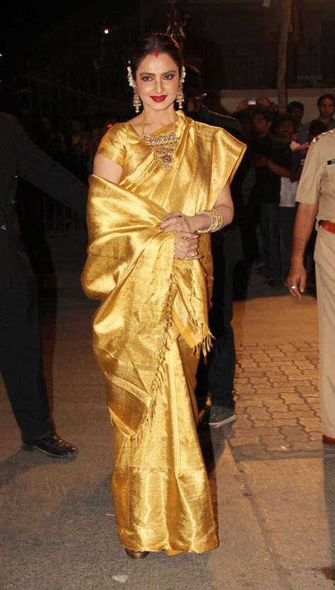 rekha in Banarasi gold Silk #silksarees #indianfashion #southindia #ethnicwear #sarees #silksarees #handloomsarees #onlineshopping #sareedraping #theartofwearingasaree #kanchipuram Rekha Saree, Gold Silk Saree, Maximalist Fashion, Golden Saree, Mother Of The Bride Outfit, Indian Woman, Bridal Silk Saree, Bride Clothes, Saree Styles