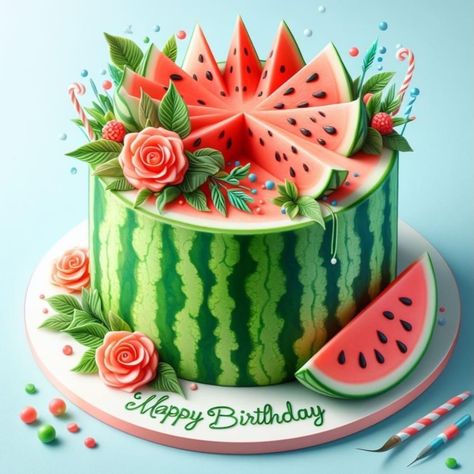 Watermelon Cake Design, Watermelon Theme Cake, Watermelon Decorated Cake, Watermelon Tiered Cake, Watermelon Fondant Cake, Cake That Looks Like Watermelon, Melon Cake, Amazing Food Decoration, Watermelon Cake