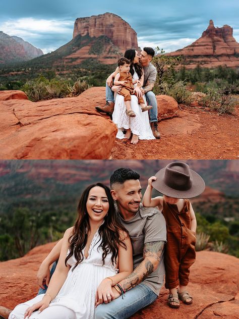 family of three sitting on a rock in Sedona, Arizona with their son playing around them. Everyone is laughing. Red Rock Canyon Family Photoshoot, Grand Canyon Family Photo, Red Rock Family Pictures, Red Rock Photoshoot Family, Sedona Family Photos, Summer Family Portraits, Rock Photoshoot, Fam Photos, Fall Family Pictures