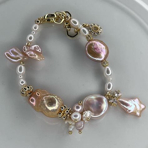 Handmade Freshwater Flameball Baroque Pearl Bracelet Gold Pink Shooting Star Gb717 Gold Plated Adjustable Loop Bead Bracelet, Baroque Pearl Bracelet, Pearl Bracelet Stack, Dream Accessories, Girly Bracelets, Pink Pearl Bracelet, Hammered Cuff Bracelet, Charm Bracelet Gold, Pearl Bracelet Gold