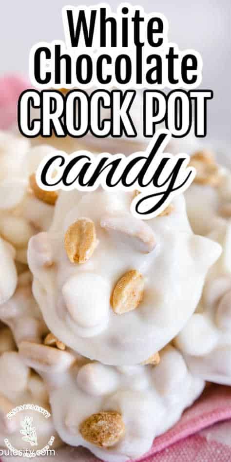 YUM!!! This only takes a few ingredients and it's so easy made in the slow cooker! It uses peanuts, almond bark, and white chocolate chips! Peppermint Crockpot Candy, White Chocolate Peanut Clusters Crock Pot Candy, White Chocolate Marshmallow Candy, White Chocolate Peanut Clusters, White Chocolate Trash, White Chocolate Almond Bark, Christmas White Chocolate, White Chocolate Bark Recipes, Crock Pot Candy