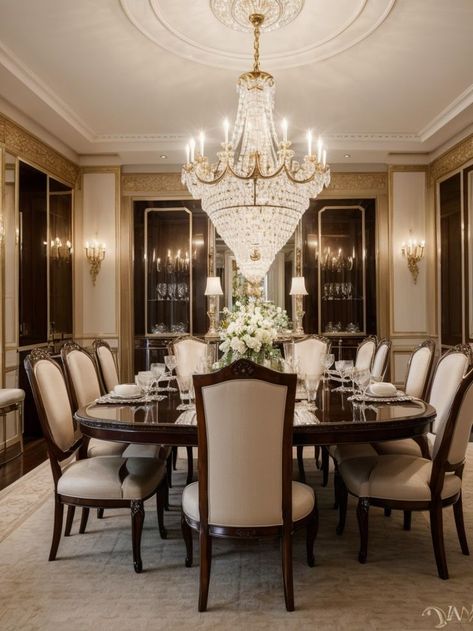 Glamorous dining room with luxurious fabrics, crystal chandeliers, and ornate detailing for a touch of elegance. #DiningRoomIdeas #DiningRoomDesign Old Money Dining Room, Royal Dining Room, Fancy Dining Room, Glamorous Dining Room, Small Dining Rooms, Grand Dining Room, Dining Room Design Luxury, Luxurious Dining Room, Apartment Dining Room