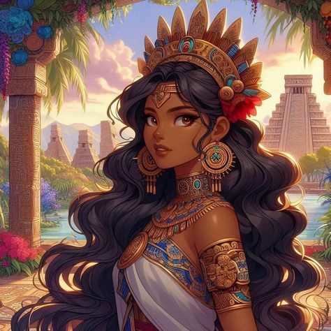 Aztec Woman Art, Aztec Oc, Aztec Character Design, Aztec Queen, Mayan Princess, Aztec Princess, Aztec Goddess, Mayan Women, Mexican Culture Art