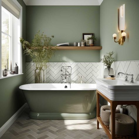 Green Small Bathrooms, Olive Green Bathrooms, Light Green Bathrooms, Green Tile Bathroom, Green Bathroom Decor, White Bathroom Tiles, Modern Bathroom Lighting, Green Walls, Downstairs Bathroom