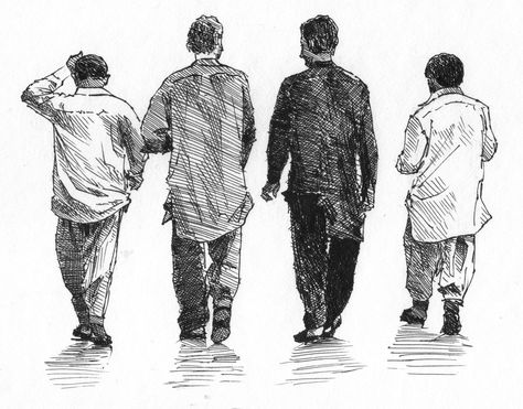 How to Sketch People book example - A sketch of a group of men from behind Sketch People, Sketching People, Storyboard Examples, Man Sketch, Sketches Of People, Pencil Drawings Easy, Figure Sketching, Cartoon Sketches, Drawing Templates