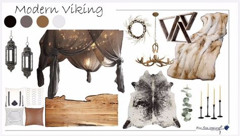 Modern viking themed bedroom / mood board / interior design Master Bedrooms Decor Viking, Norse Living Room, Norse Inspired Bedroom, Norse Themed Bedroom, Viking Aesthetic Bedroom, Modern Viking Aesthetic House, Norse Interior Design, Viking Bedroom Ideas Rustic, Viking Style Living Room