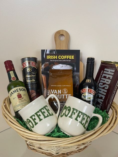 Irish Coffee Gift Basket, Chinese Raffle Basket Ideas, Simple Raffle Basket Ideas, Raffle Prizes For Adults, Prize Basket Ideas For Adults, Baileys Gift Basket Ideas, Party Game Prizes For Adults, Wedding Raffle Ideas, Alcohol Raffle Basket Ideas