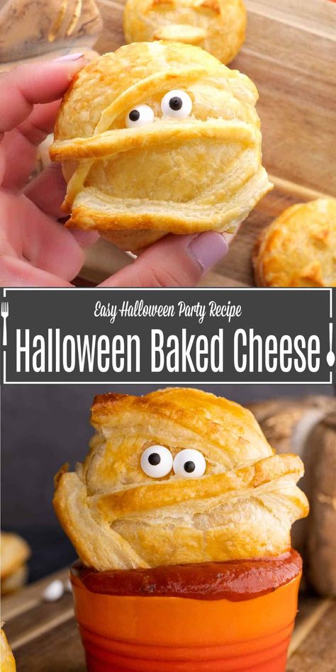 This Halloween Baked Cheese in a puff pastry is a great Halloween appetizer that makes the perfect Halloween party food. This is like a mini baked brie appetizer that looks just like a cute Halloween mummy thanks to strips of puff pastry baked on the outside. Make this fun Halloween mummy recipe for your kids. They will love the bite sized puff pastry pizza for Halloween dinner. Mini Baked Brie, Pizza For Halloween, Baked Brie Appetizer, Easy Halloween Party Food, Halloween Appetizer, Puff Pastry Pizza, Pastry Pizza, Thanksgiving Gravy, Mummy Recipes