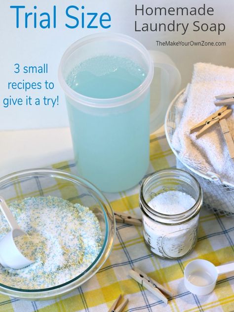 Trial Size Homemade Laundry Soap - 3 small batch recipes for giving homemade laundry soap a try without making a large batch. Homemade Laundry Detergent Liquid, Laundry Soap Recipe, Homemade Laundry Detergent Recipes, Diy Laundry Soap, Homemade Laundry Soap, Homemade Detergent, Liquid Laundry Soap, Laundry Detergent Recipe, Detergent Recipe