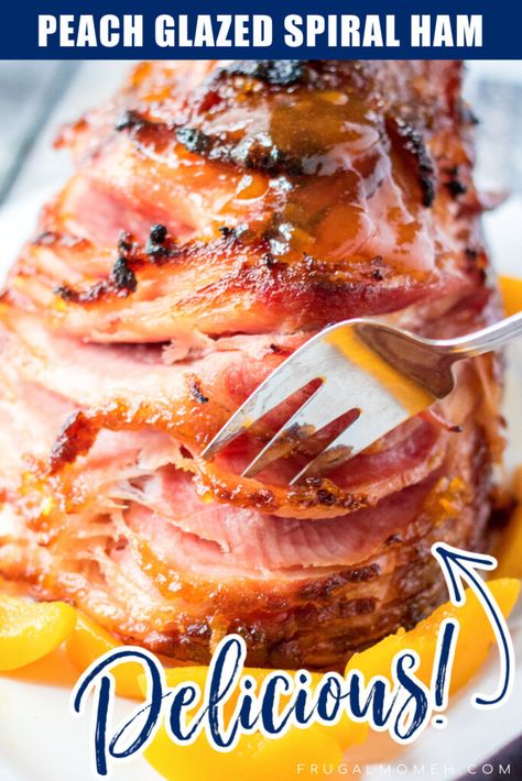 Peach Glazed Spiral Ham Recipe - Frugal Mom Eh! Spiral Ham Glaze Recipe, Best Ham Glaze, Glazed Spiral Ham, Baked Spiral Ham, Slow Cooker Ham Recipes, Glazed Peaches, Spiral Cut Ham, Ham Glaze Recipe, Spiral Ham