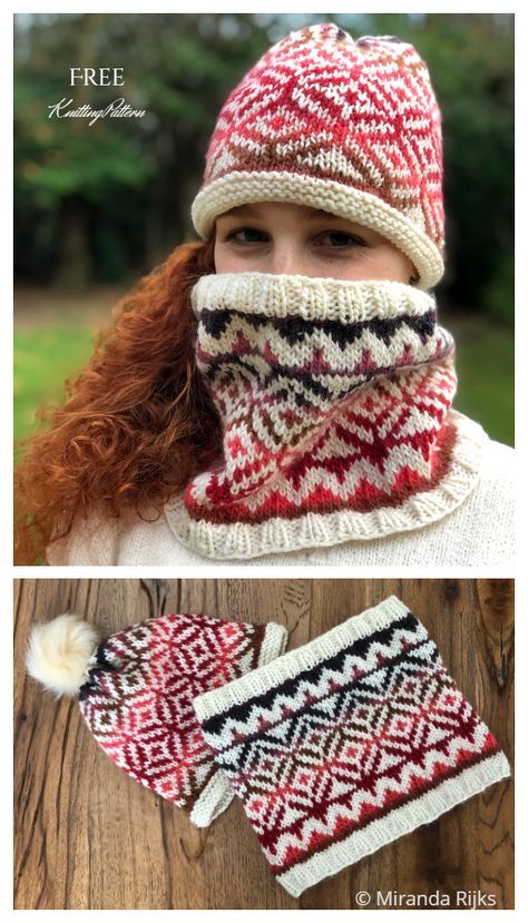 Nordic Knitting Patterns Free, Fair Isle Knitting Patterns Free, Woolen Crafts, Fair Isle Hat Pattern, Charity Knitting, Nordic Knitting, Stranded Knitting Patterns, Cowl Patterns, Knit Sets