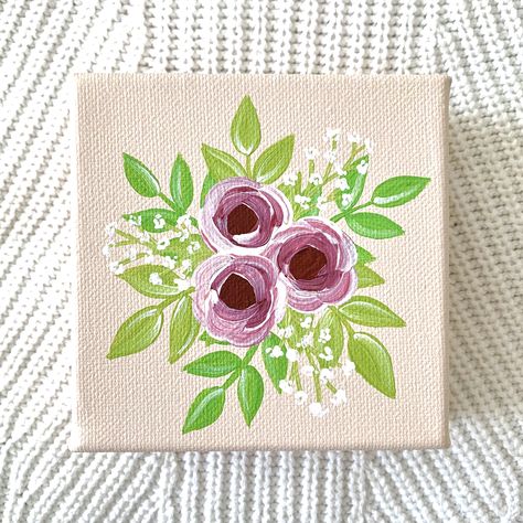 Simple Flower Canvas Painting Easy, 4x6 Canvas Painting Ideas, Mini Canvas Flower Paintings, Simple Floral Painting, Floral Canvas Painting, Floral Painting Ideas, Painted Bouquet, Flower Canvas Painting, Handmade Canvas Art