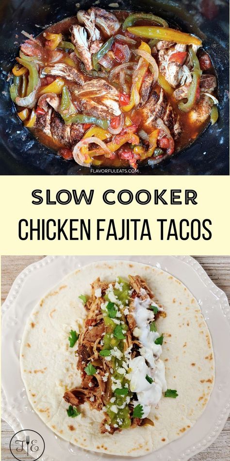 Eat the rainbow with these Slow Cooker Chicken Fajita Tacos!  Made with chicken seasoned with warm, taco-inspired spices and loaded with good-for-you fresh produce like tomatoes, multi-colored bell peppers, onion, and jalapeno, this flavorful fajita mixture makes taco night a cinch! Chicken Fajita Tacos, Slow Cooker Chicken Fajitas, Fajita Tacos, Chicken Fajitas Crockpot, Chicken Fajita, Taco Night, Eat The Rainbow, Easy Slow Cooker, Chicken Fajitas