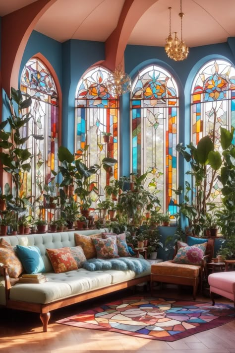 Stained Glass Interior, Vibrant Living Room, Modern Stained Glass, Glass Interior, Stained Glass Decor, Whimsical Decor, Dream House Interior, My Dream House, Dream Decor