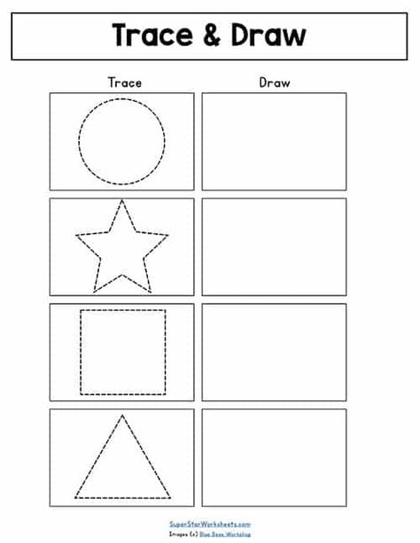 Students use and build their skills in following directions, color matching, labeling and identifying shapes and more. Drawing Shapes Practice, Patterns With Shapes, Shapes Worksheets For Kindergarten, Practice Drawing Shapes, Subbing Ideas, Superstar Worksheets, Symmetry Worksheets, Shape Tracing, Drawing Shapes