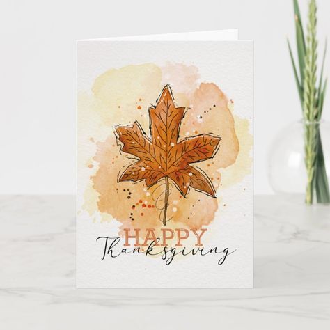 Happy Thanksgiving card with sketchy doodle watercolor maple leaf with messy lines and watercolor splashes. Background has a (faux) watercolor texture. Maple Leaf Line Art, Simple Fall Watercolor Cards, Fall Watercolor Cards, Thanksgiving Watercolor, Happy Thanksgiving Cards, Thanksgiving Cards Handmade, Elegant Thanksgiving, Fall Art Projects, Watercolor Birthday Cards