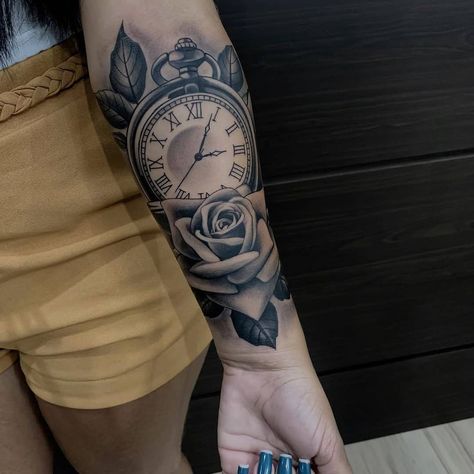 Hai Tattoo, Clock And Rose Tattoo, Pocket Watch Tattoos, Forarm Tattoos, Tattoos For Women Half Sleeve, Cool Forearm Tattoos, Black Girls With Tattoos, Forearm Tattoo Women, Watch Tattoos