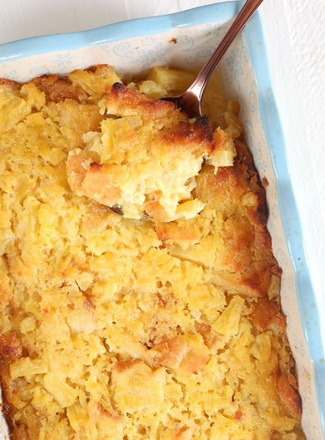 Easy Baked Pineapple Casserole Recipe - The Suburban Soapbox Pineapple Stuffing Recipe, Baked Pineapple Casserole, Pineapple Stuffing, Pineapple Casserole, Pineapple Bread, Baked Pineapple, Ham Dinner, Hawaiian Dishes, Honey Baked Ham