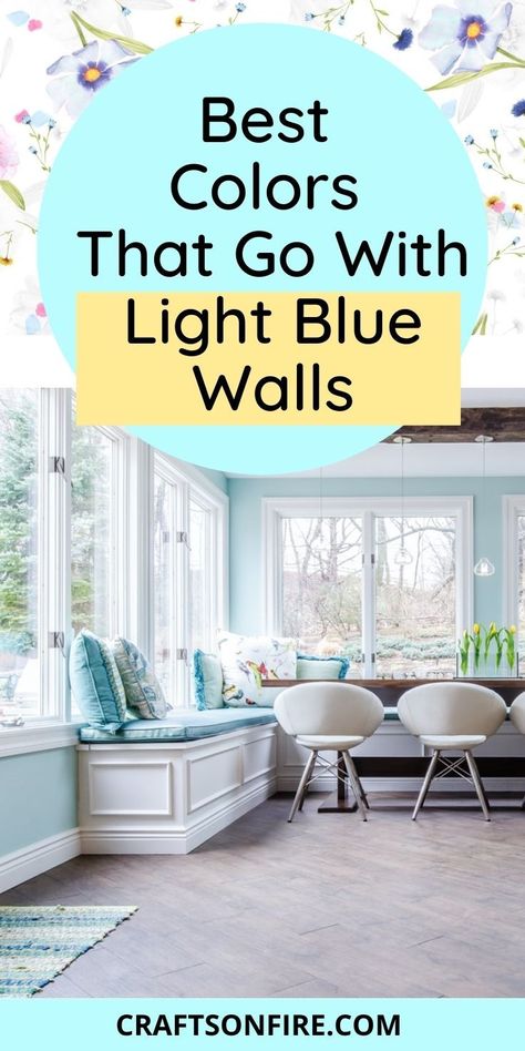 Here is a full list of the best colors that go with light blue walls to make your decor look expensive and gorgeous. All of these colors are great for any size kitchen or style. Blue Wall Decor Living Room, Blue Room Paint, Blue Living Room Color Scheme, Blue Living Room Color, Light Blue Rooms, Light Blue Houses, Light Blue Living Room, Blue Bathroom Walls, Blue Kitchen Walls