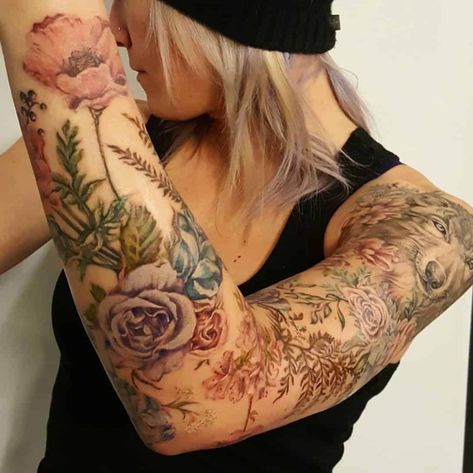 Natur Tattoo Arm, Tattoo Pieces, Colorful Sleeve Tattoos, Tato Tradisional, Feminine Tattoo Sleeves, Floral Tattoo Sleeve, Geniale Tattoos, Flower Tattoo Sleeve, Sleeve Tattoos For Women