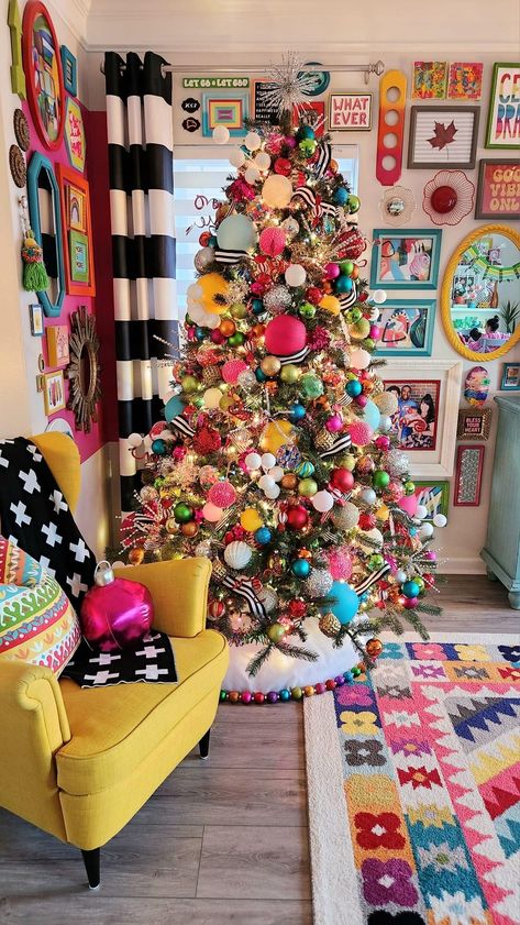 Maximalist Bedroom, Colorful Maximalist, Whimsical Christmas Tree, Rainbow Explosion, Whimsical Christmas Decor, Lights For Christmas, Christmas Rainbow, Colourful Christmas, Whimsical Christmas Trees