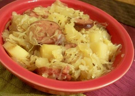 Bratwurst and Sauerkraut Casserole Sausage And Kraut, Brats Sauerkraut, Slow Cooker Brats, Sauerkraut And Apples, Bratwurst And Sauerkraut, Brats And Sauerkraut, Sausage And Sauerkraut, Polish Sausage Recipes, Sour Kraut