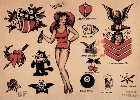 Sailor Jerry Flash, Sailor Jerry Tattoo Flash, Sailor Jerry Tattoo, Jerry Tattoo, Vintage Tattoo Flash, Sailor Tattoos, Famous Tattoo Artists, Sailor Jerry Tattoos, Old School Traditional