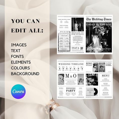 The large, foldable wedding newspaper template is a beautiful way to communicate all of the important details of your wedding day to your guests. The template considers all the essential information so that you can be free to enjoy the special moments. It really is a beauty and is becoming a firm favourite among you all already, I can’t wait to see this template evolve with each new wedding! Oh and I am fully invested in Ophelia and Mateo 😂 #weddingnewspaper #weddingprogramme #weddingfavor... Wedding Newspaper Template, Newspaper Wedding Programs, Valentines Galentines, Newspaper Program, Wedding Day Schedule, Wedding Newspaper, 2025 Wedding, Newspaper Template, Wedding Day Timeline