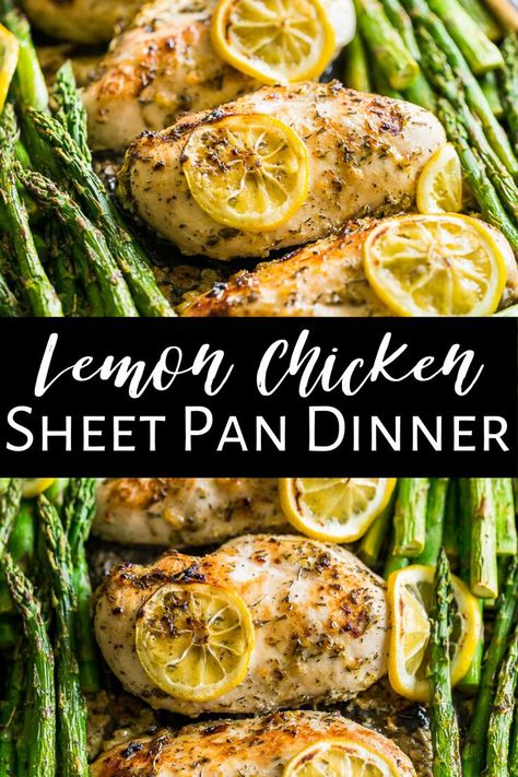 This super easy Lemon Chicken and Asparagus Sheet Pan Dinner is an all time favorite! It's a simple and healthy recipe that takes just minutes of prep time with next to no cleanup. It's naturally gluten free and paleo as well as clean eating and dairy free too.  #sheetpandinner #chicken #healthy #paleo #glutenfree #dairyfree Lemon Chicken And Asparagus, Chicken Lombardy Recipes, Chicken Sheet Pan, Chicken And Asparagus, Dairy Free Recipes Dinner, Sheet Pan Dinners Chicken, Sheet Pan Dinners Recipes, Dairy Free Dinner, Simple Dinner