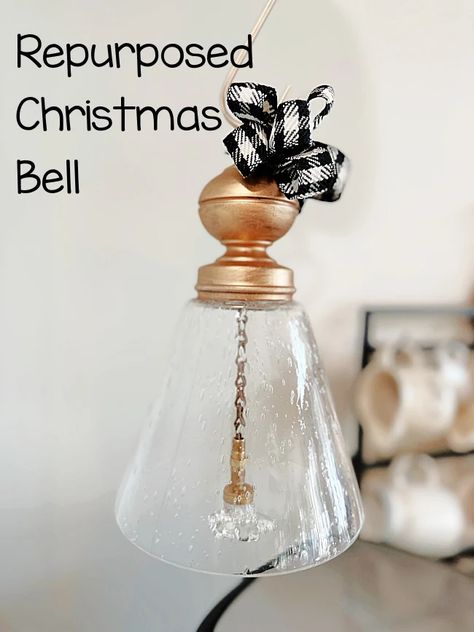 DIY repurposed gold Christmas bell Bells Made From Glass Shades, Glass Globes Crafts, Globe Crafts, Thrift Store Diy, Glass Cloche, Glass Globes, Christmas Projects Diy, Christmas Bell, Wooden Candle Holders