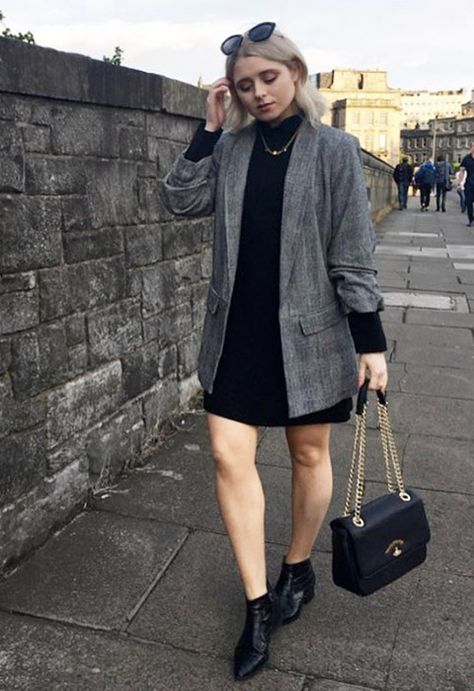 #AsSeenOnMe blogger wearing a dark grey blazer | ASOS Fashion & Beauty Feed Grey Blazer Summer Outfit, Long Blazer With Dress, Dark Grey Blazer Outfits For Women, Grey Oversized Blazer Outfit, Grey Blazer Outfits For Women, Grey Blazer Outfit Women, Grey Blazer Women Outfit, Dark Grey Blazer Outfit, Tokyo Winter Outfit