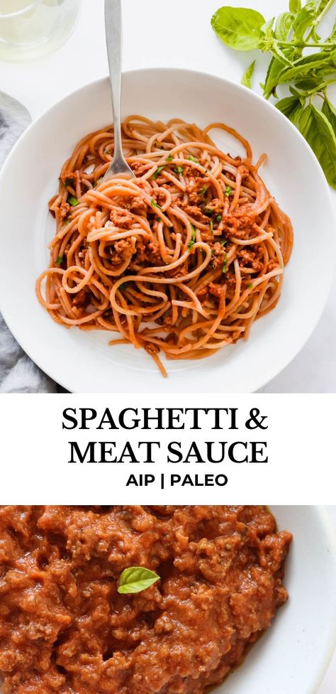 Spaghetti and Meat Sauce – the ultimate comfort food! This version is AIP, paleo and nightshade free made with nomato sauce and cassava flour pasta. #spaghettiandmeatsauce #meatsauce #spaghetti #nightshadefree #nomatosauce #aip #aiprecipes #paleo #paleorecipes #cleaneats #coconutfree #dairyfree #maindish #cleaneats Easy Aip Nomato Sauce, Nightshade Free Spaghetti Sauce, Nightshade Free Paleo Recipes, Nightshade Free Side Dishes, Aip Spaghetti Sauce, Gluten And Nightshade Free Recipes, Low Histamine Pasta Sauce, Aip Macaroni And Cheese, Nightshade Free Pasta Sauce