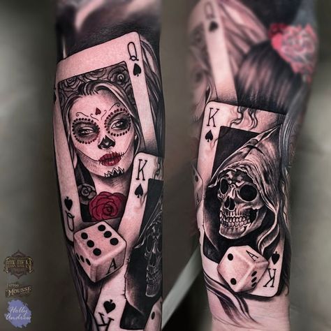 An awesome pair of day of the dead themed playing cards done recently by Holly! Holly is now taking bookings for mid June so if your wanting some ink don't hesitate to shoot us a DM! #playingcards #dayofthedead #skulltattoo #inkden #inkdentattoostudio #blackpool #blackpooltattoos Day Of The Dead Tattoo Designs, Day Of The Dead Skull Tattoo, Day Of Dead Tattoo, Day Of The Dead Tattoo, Crown Tattoos For Women, Holly Holly, Playing Card Tattoos, Dead Tattoo, Queen Of Hearts Card