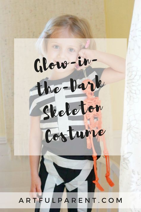 How to make a super easy glow-in-the-dark skeleton costume. This is an awesome DIY Halloween costume that even kids can make! diy costumes | diy halloween costumes | costumes for kids | easy halloween costume | skeleton costumes for kids #halloweencostumes #kidsart Homemade Skeleton Costume Diy, Toddler Girl Skeleton Costume, Cricut Skeleton Costume, Toddler Girl Skeleton Costume Diy, Girls Skeleton Costume, Skeleton Costume Kids, Skeleton Costume Diy, Kids Fall Crafts, Halloween Art Projects