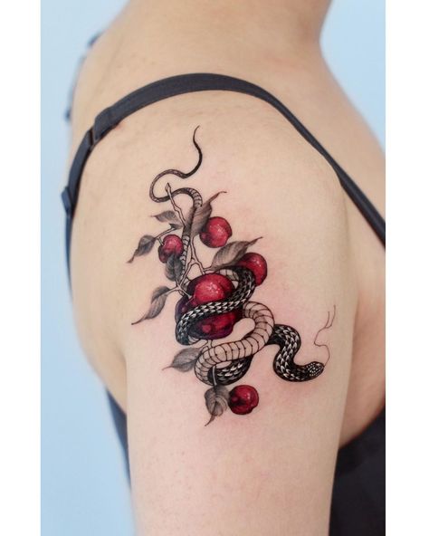 Eve Apple Tattoo, Serpent Apple Tattoo, Apple With Snake Tattoo, Red And White Snake Tattoo, Pomegranate Snake Tattoo, Snake Apple Tattoos, Snake And Apple Tattoo Forbidden Fruit, Snake And Apple Tattoo, Snake That Eats Itself Tattoo