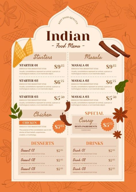 Hand-drawn Masala Indian Restaurant Menu Indian Restaurant Menu Design, Indian Menu Design, Indian Food Menu, Starters Menu, Menu Design Layout, Menu Cafe, Rajasthani Food, Mcdonald Menu, Food Truck Menu