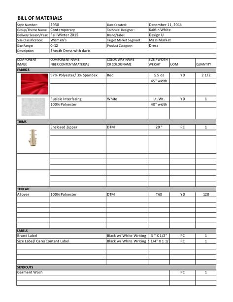 BILL	   OF	   MATERIALS Style	   Number: 2930 Date	   Created: Group/Theme	   Name: Contemporary Technical	   Designer: De... Costing Sheet, Invoice Format, Cost Sheet, Invoice Design Template, Bill Of Materials, Fashion Design Classes, Graphic Designer Job, Invoice Design, Tech Pack