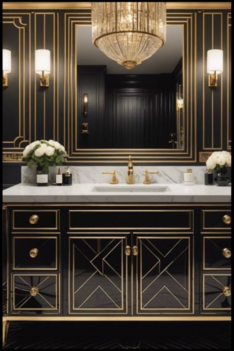 Luxurious black and gold bathroom with an ornate vanity, marble countertop, large mirror, and elegant chandelier. Black Art Deco Bathroom, Deco Bathroom Ideas, Art Deco Bathroom Ideas, Art Deco Powder Room, Opulent Decor, Kitchen Tile Inspiration, Vintage Bathroom Vanity, Ensuite Bathroom Designs, Industrial Chic Kitchen