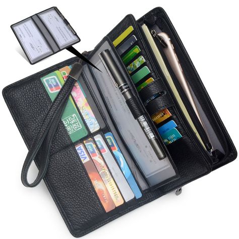 Women's Big Fat RFID Leather Wristlet Wallet Organizer Large Phone Checkbook Holder with Zipper Pocket (Black) Wallet Organizer, Unique Wallets, Leather Phone Wallet, Leather Clutch Wallet, Checkbook Wallet, Branded Wallets, Front Pocket Wallet, Rfid Wallet, Purses For Women